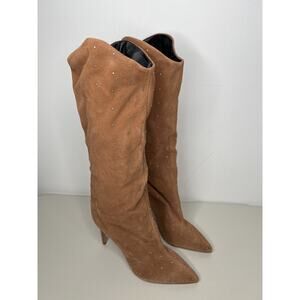 New Schutz Maryana Studded Tall Boots Brown Suede Women's Size 9.5